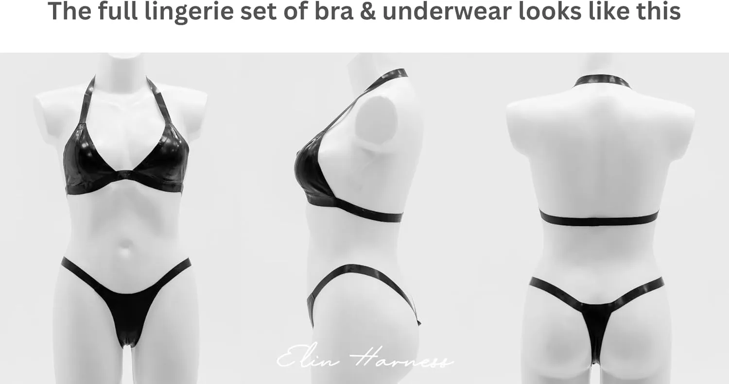 Women Handmade Latex Lingerie. Glossy Bralette Top & Thong Bottoms. Seamless Soft Natural Underwear Set