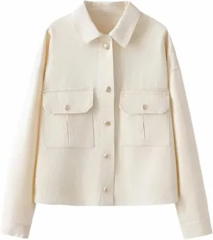 Women Lapel Denim Jacket Coat Solid Long Sleeve Buttons Pockets Casual Loose Outwear Top