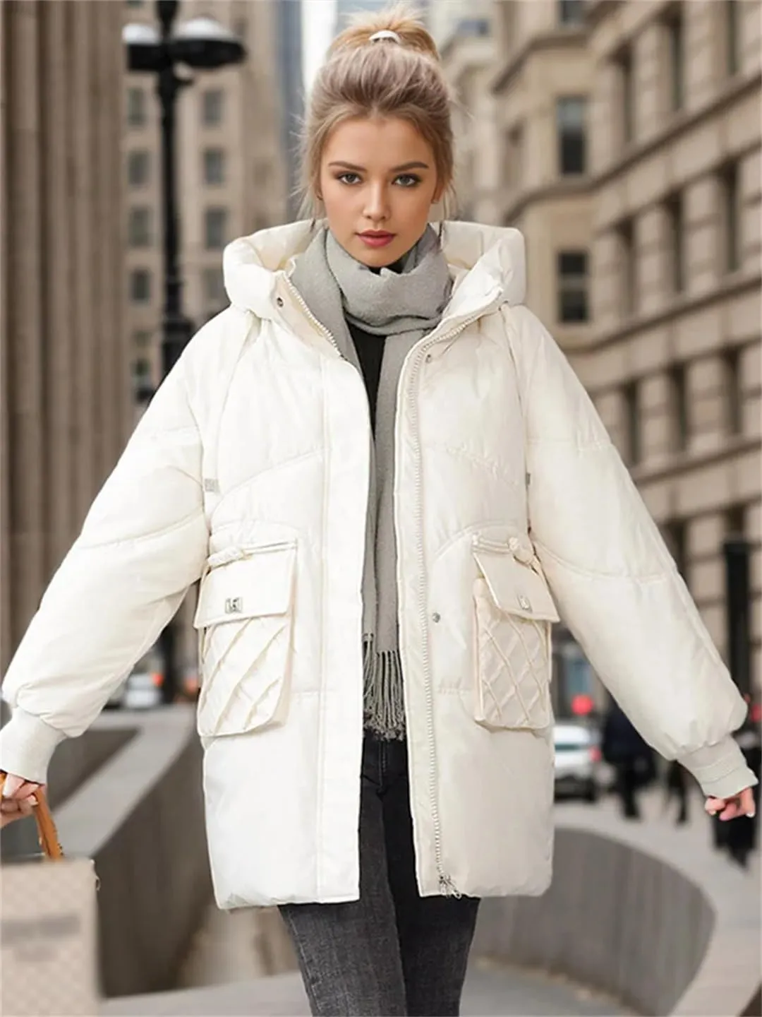 Women Loose Thicken Cotton Padded Coats Casual Hoodies Big Pockets Long Sleeve Down Jackets Winter Outerwears