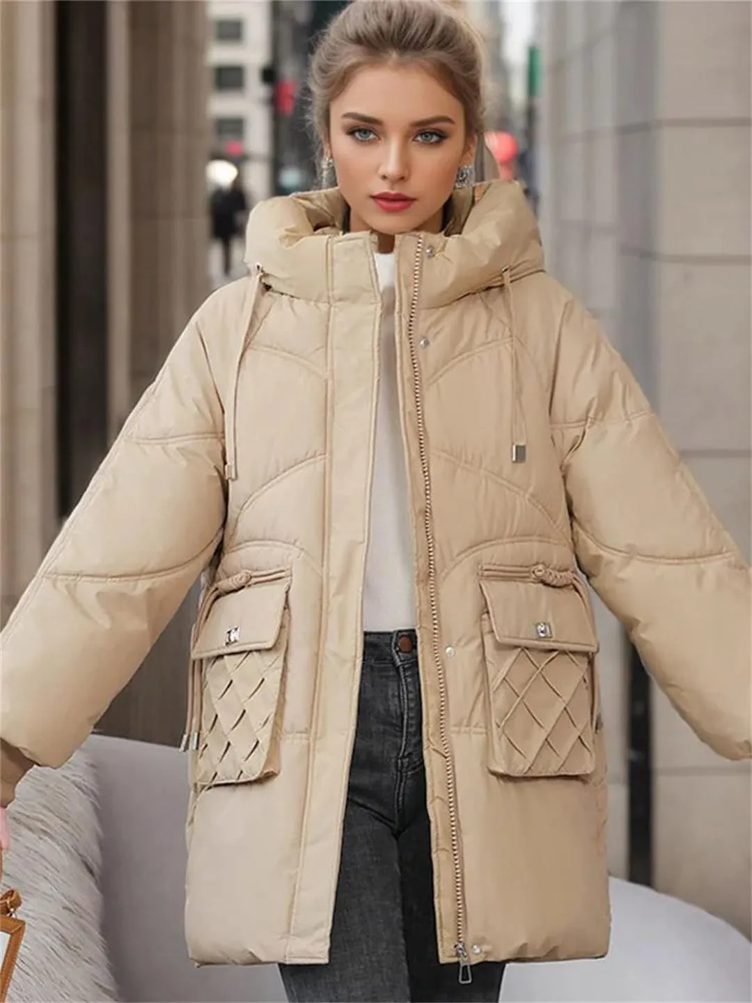 Women Loose Thicken Cotton Padded Coats Casual Hoodies Big Pockets Long Sleeve Down Jackets Winter Outerwears