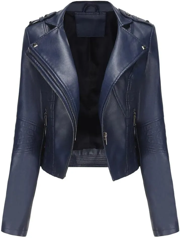 Women Moto Biker Zipper Jacket Faux Leather Jacket Women Motorcycle Coat