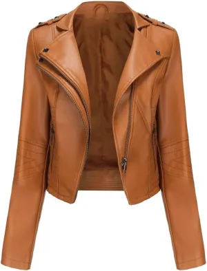 Women Moto Biker Zipper Jacket Faux Leather Jacket Women Motorcycle Coat