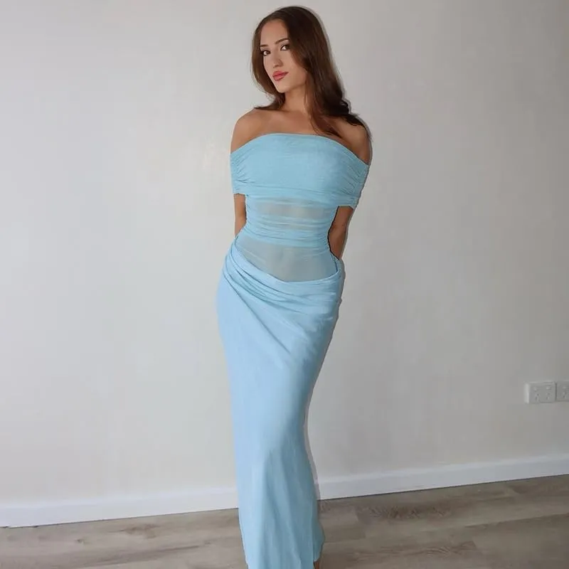 Women Off Shoulder Bodycon Maxi Dress Layered Mesh Ruched Hollow Out Party Formal Wedding Guest Dresses for Party