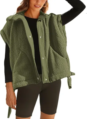 Women Oversized Fleece Vest Trendy Sleeveless Button Down Fuzzy Sherpa Jacket Winter Warm Outerwear Vest with Pockets
