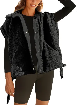 Women Oversized Fleece Vest Trendy Sleeveless Button Down Fuzzy Sherpa Jacket Winter Warm Outerwear Vest with Pockets