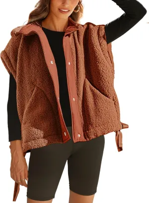 Women Oversized Fleece Vest Trendy Sleeveless Button Down Fuzzy Sherpa Jacket Winter Warm Outerwear Vest with Pockets