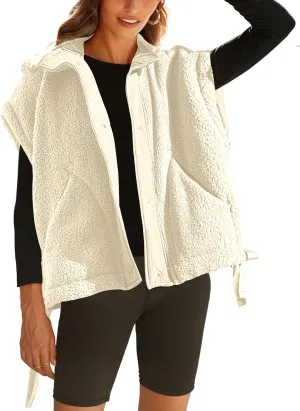 Women Oversized Fleece Vest Trendy Sleeveless Button Down Fuzzy Sherpa Jacket Winter Warm Outerwear Vest with Pockets