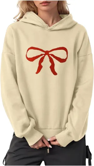 Women Oversized Hoodies Red Bow Printed Hooded Sweatshirt Loose Fit Casual Fashion Outfits Workout Pullover with