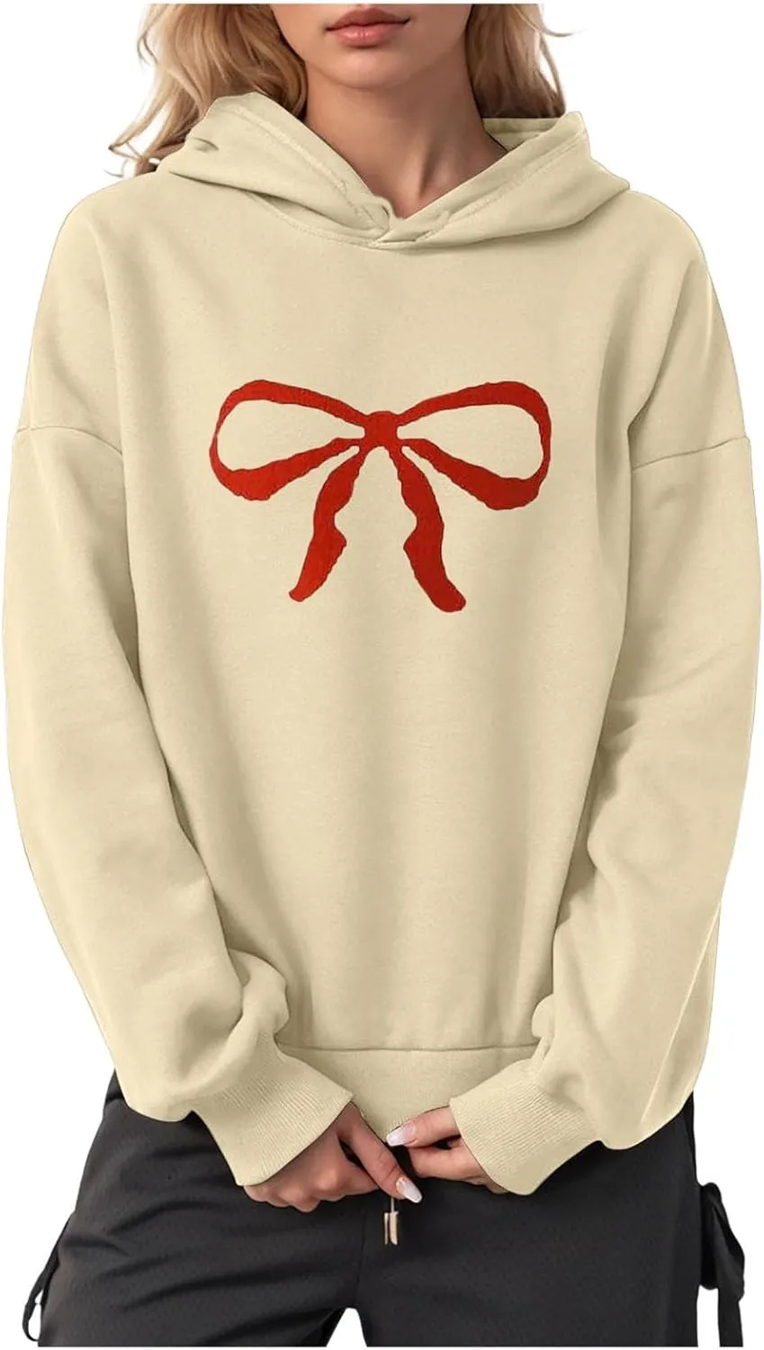 Women Oversized Hoodies Red Bow Printed Hooded Sweatshirt Loose Fit Casual Fashion Outfits Workout Pullover with