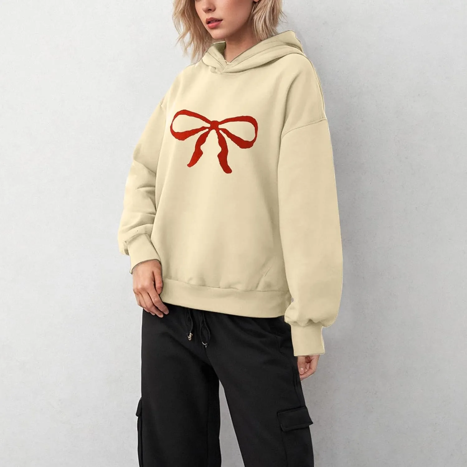 Women Oversized Hoodies Red Bow Printed Hooded Sweatshirt Loose Fit Casual Fashion Outfits Workout Pullover with
