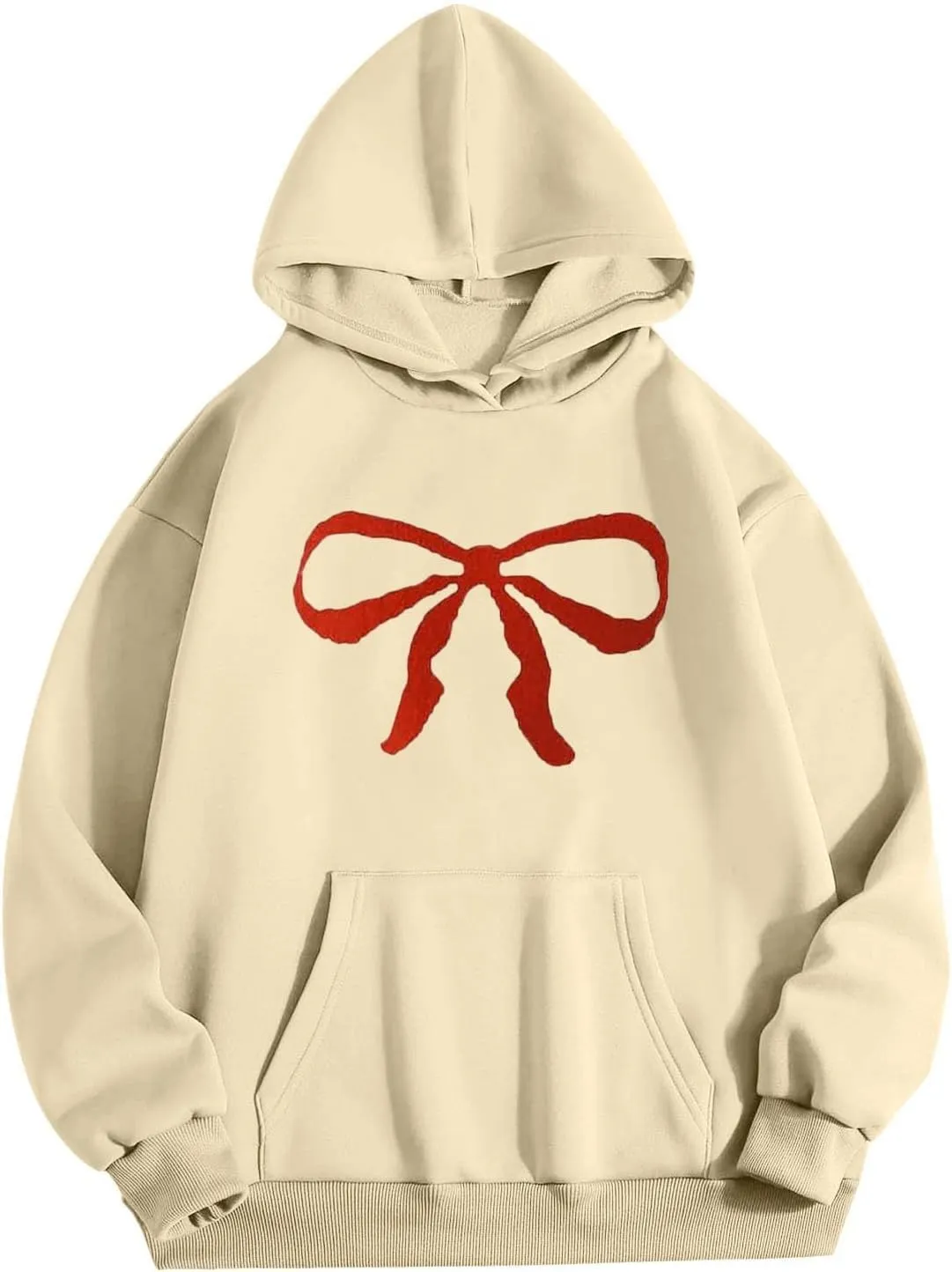 Women Oversized Hoodies Red Bow Printed Hooded Sweatshirt Loose Fit Casual Fashion Outfits Workout Pullover with