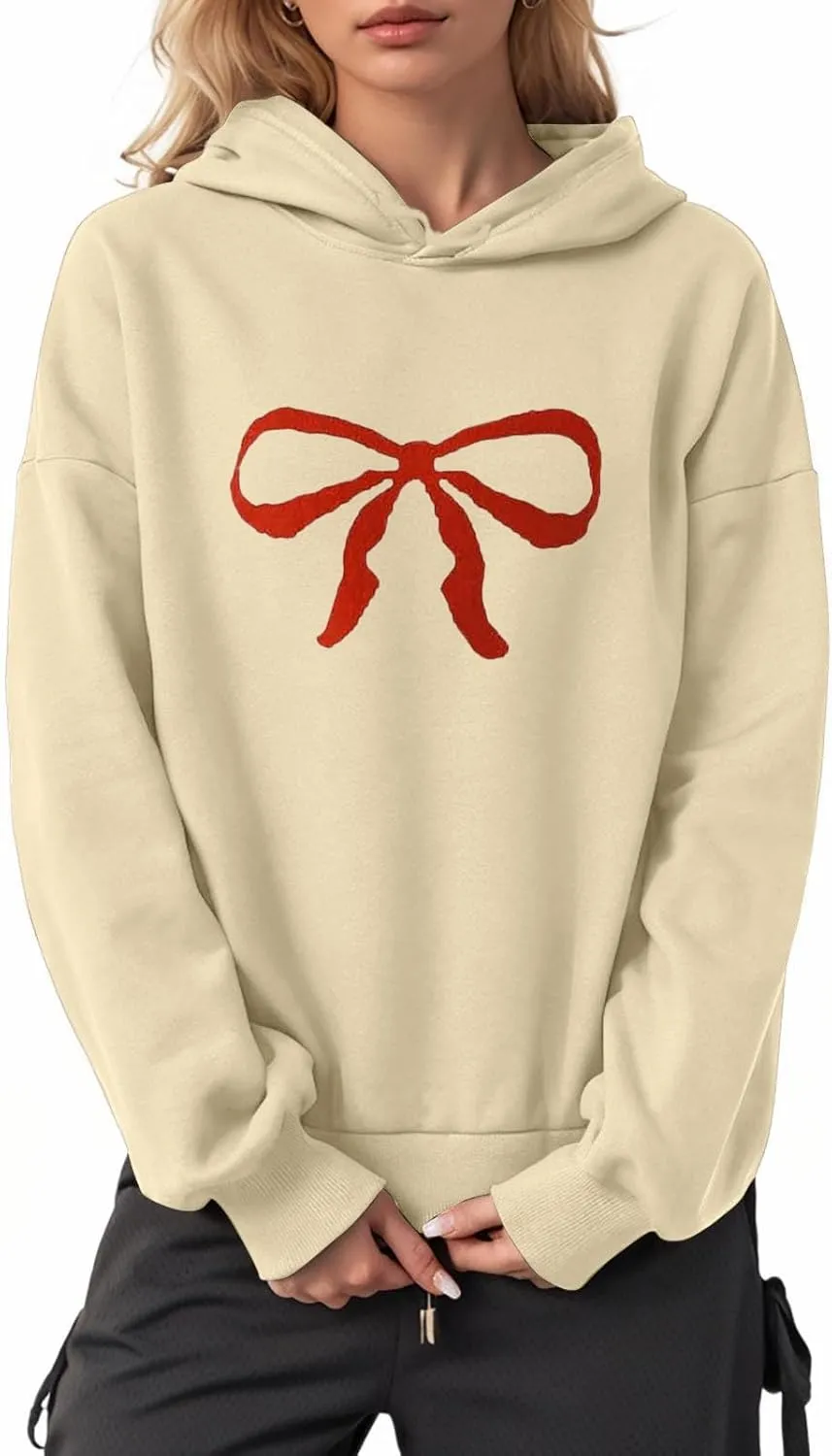 Women Oversized Hoodies Red Bow Printed Hooded Sweatshirt Loose Fit Casual Fashion Outfits Workout Pullover with