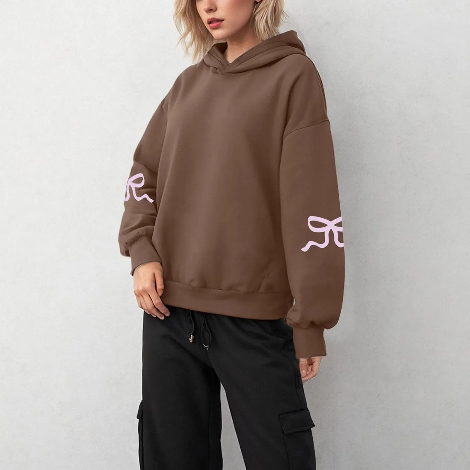 Women Oversized Hoodies Sleeve Edge Bow Printed Sweatshirt Loose Fit Casual Fashion Outfits Workout Pullover with
