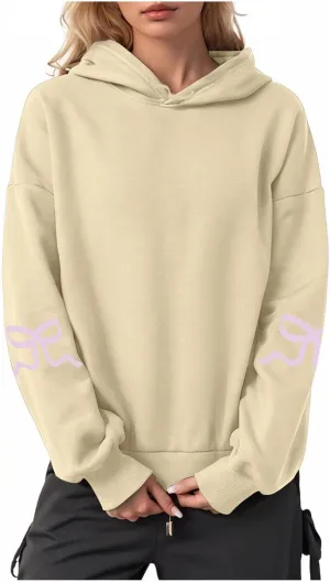 Women Oversized Hoodies Sleeve Edge Bow Printed Sweatshirt Loose Fit Casual Fashion Outfits Workout Pullover with