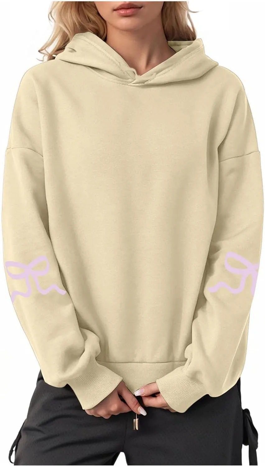 Women Oversized Hoodies Sleeve Edge Bow Printed Sweatshirt Loose Fit Casual Fashion Outfits Workout Pullover with