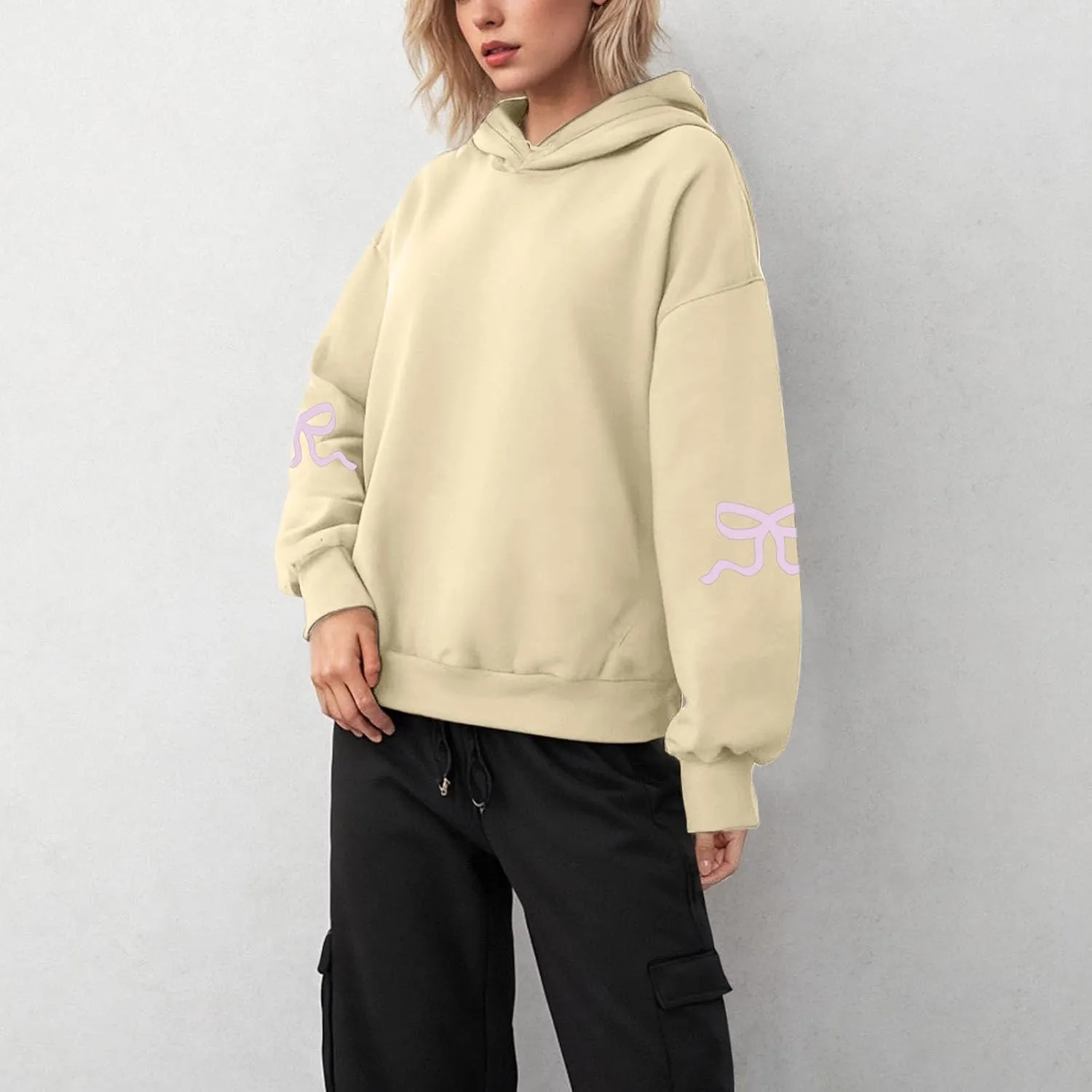 Women Oversized Hoodies Sleeve Edge Bow Printed Sweatshirt Loose Fit Casual Fashion Outfits Workout Pullover with