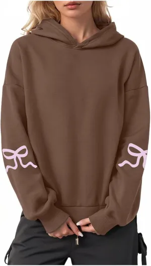 Women Oversized Hoodies Sleeve Edge Bow Printed Sweatshirt Loose Fit Casual Fashion Outfits Workout Pullover with