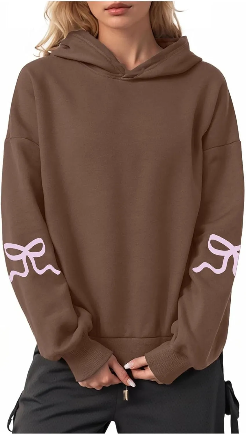 Women Oversized Hoodies Sleeve Edge Bow Printed Sweatshirt Loose Fit Casual Fashion Outfits Workout Pullover with