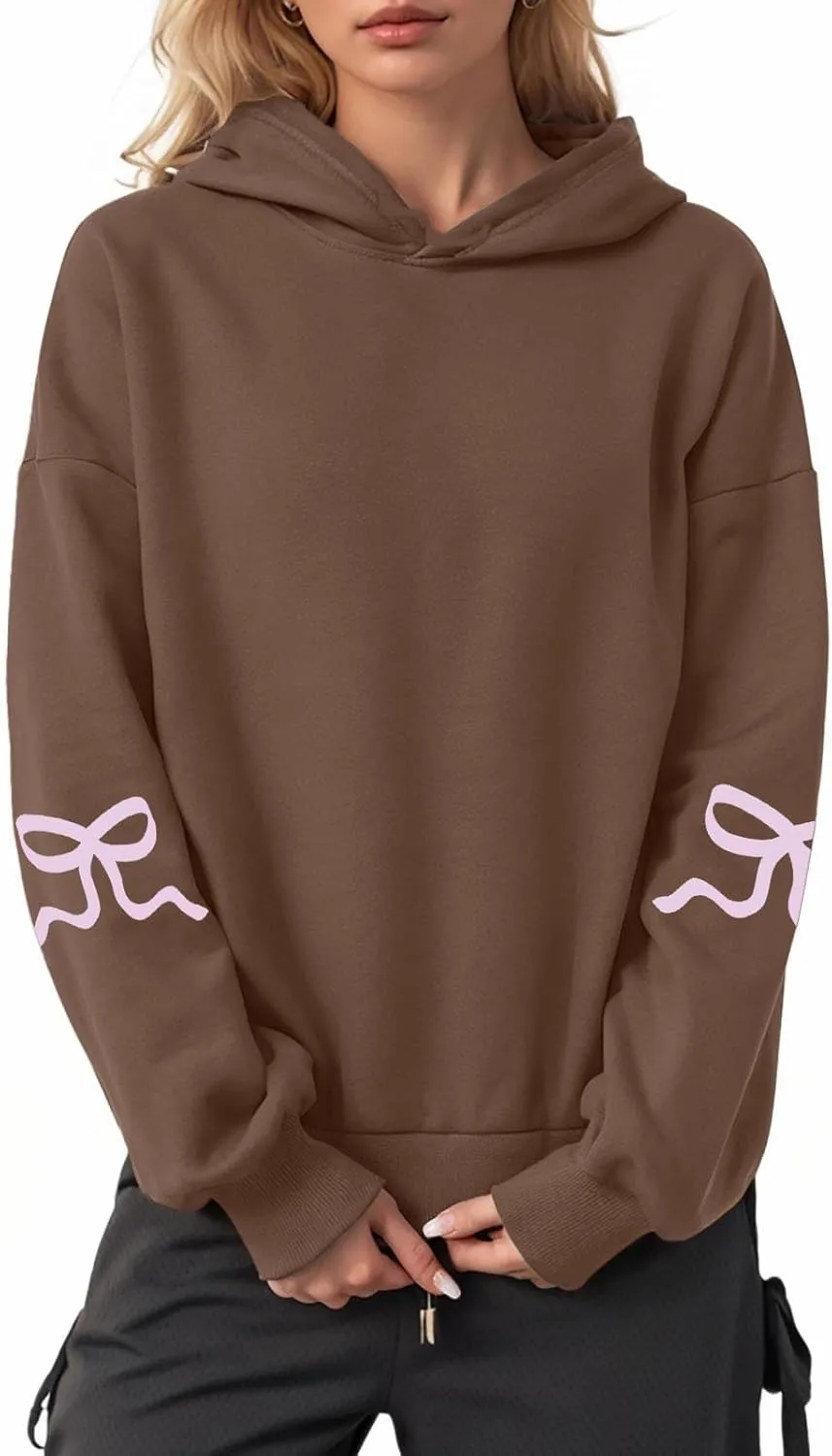 Women Oversized Hoodies Sleeve Edge Bow Printed Sweatshirt Loose Fit Casual Fashion Outfits Workout Pullover with