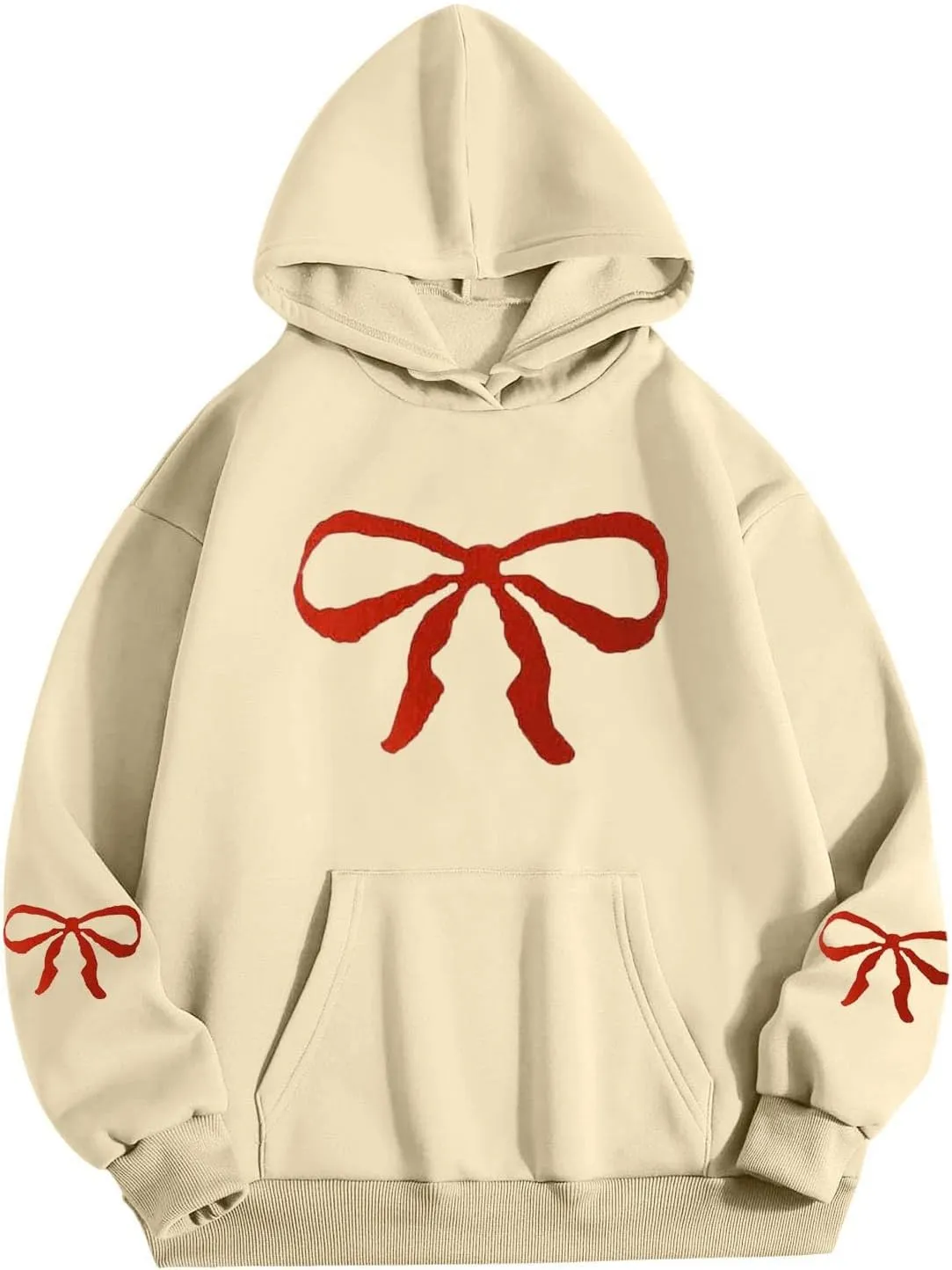 Women Oversized Hoodies Sweatshirt with Red Bow Print on Sleeve Edge Loose Fit Casual Outfits Workout Pullover