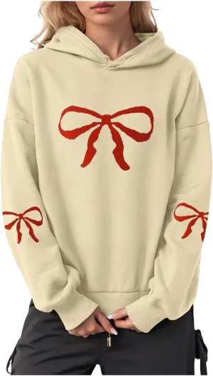 Women Oversized Hoodies Sweatshirt with Red Bow Print on Sleeve Edge Loose Fit Casual Outfits Workout Pullover