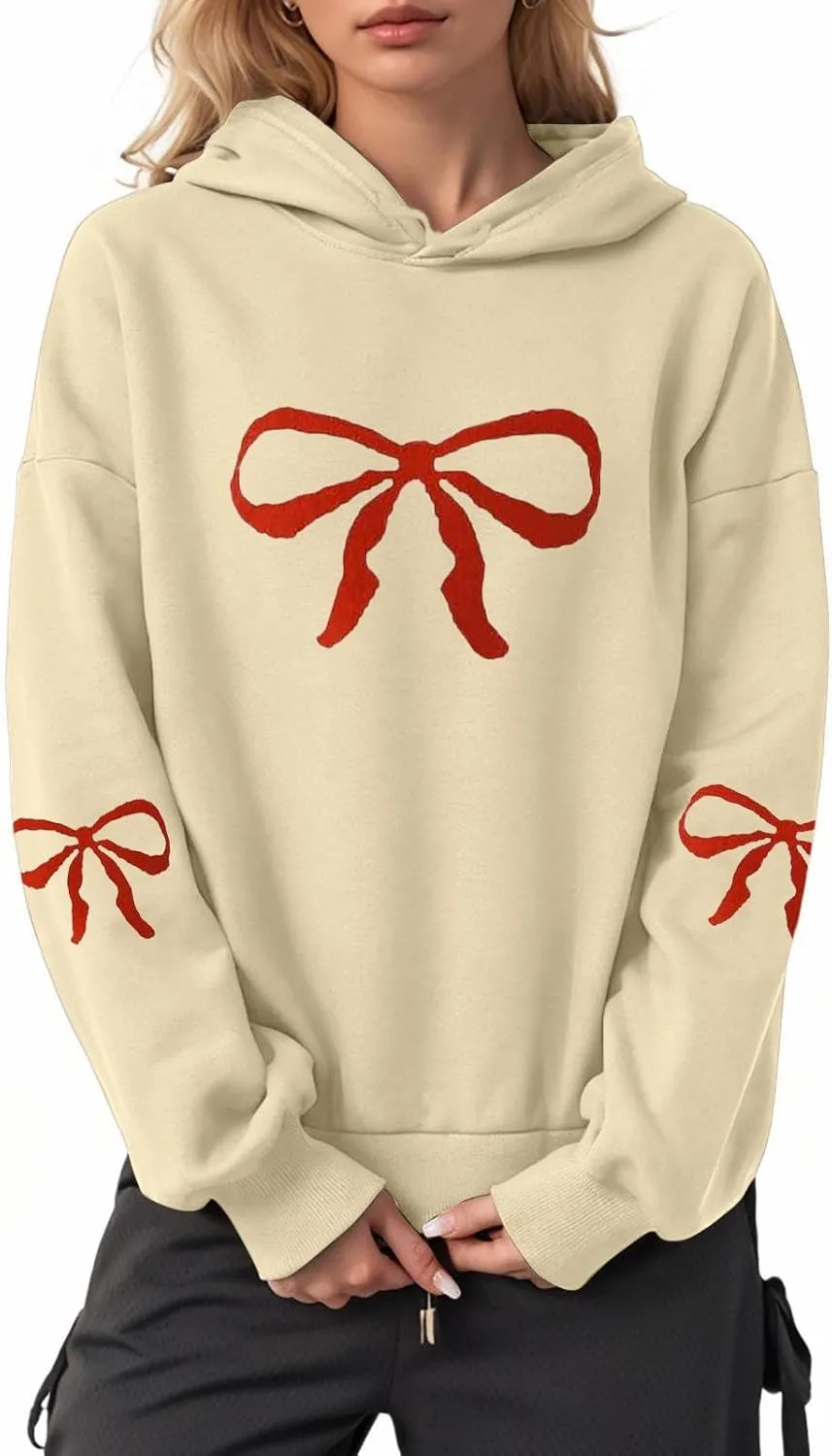 Women Oversized Hoodies Sweatshirt with Red Bow Print on Sleeve Edge Loose Fit Casual Outfits Workout Pullover