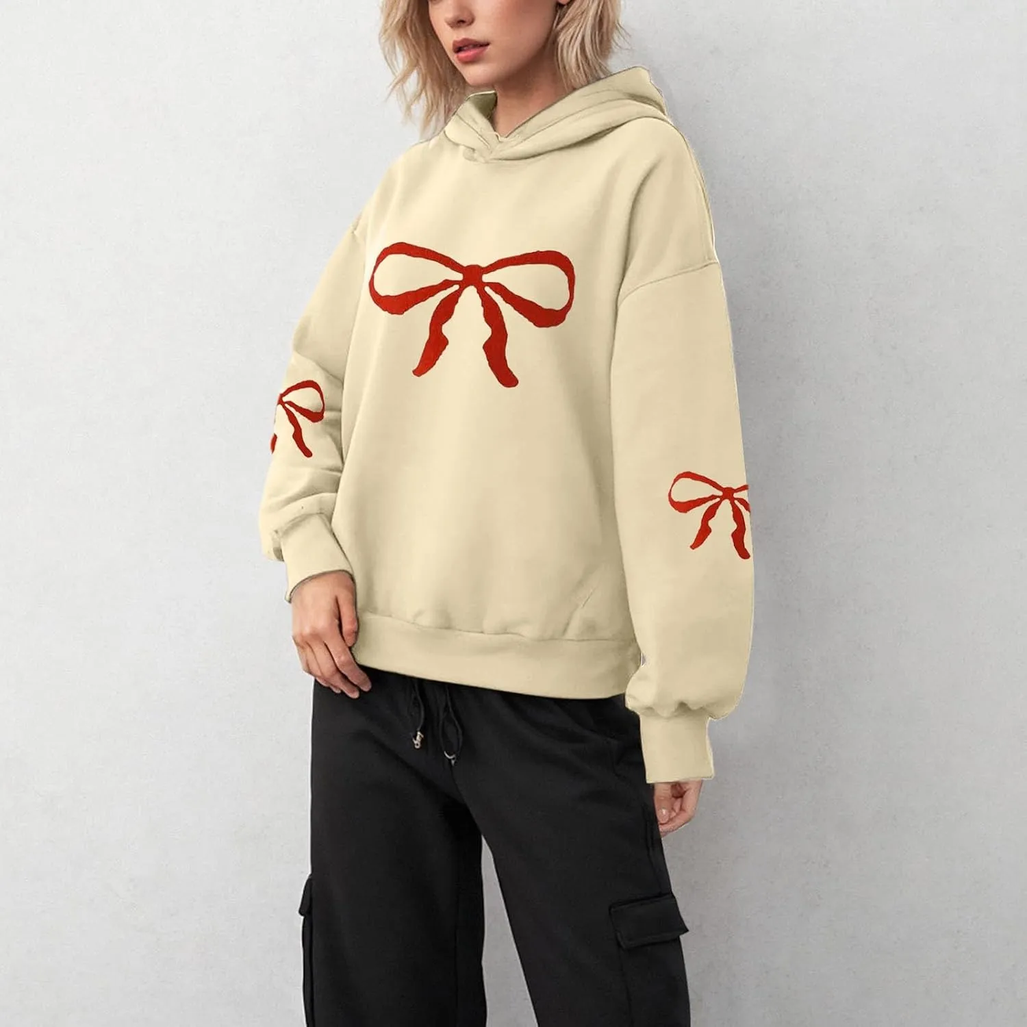 Women Oversized Hoodies Sweatshirt with Red Bow Print on Sleeve Edge Loose Fit Casual Outfits Workout Pullover