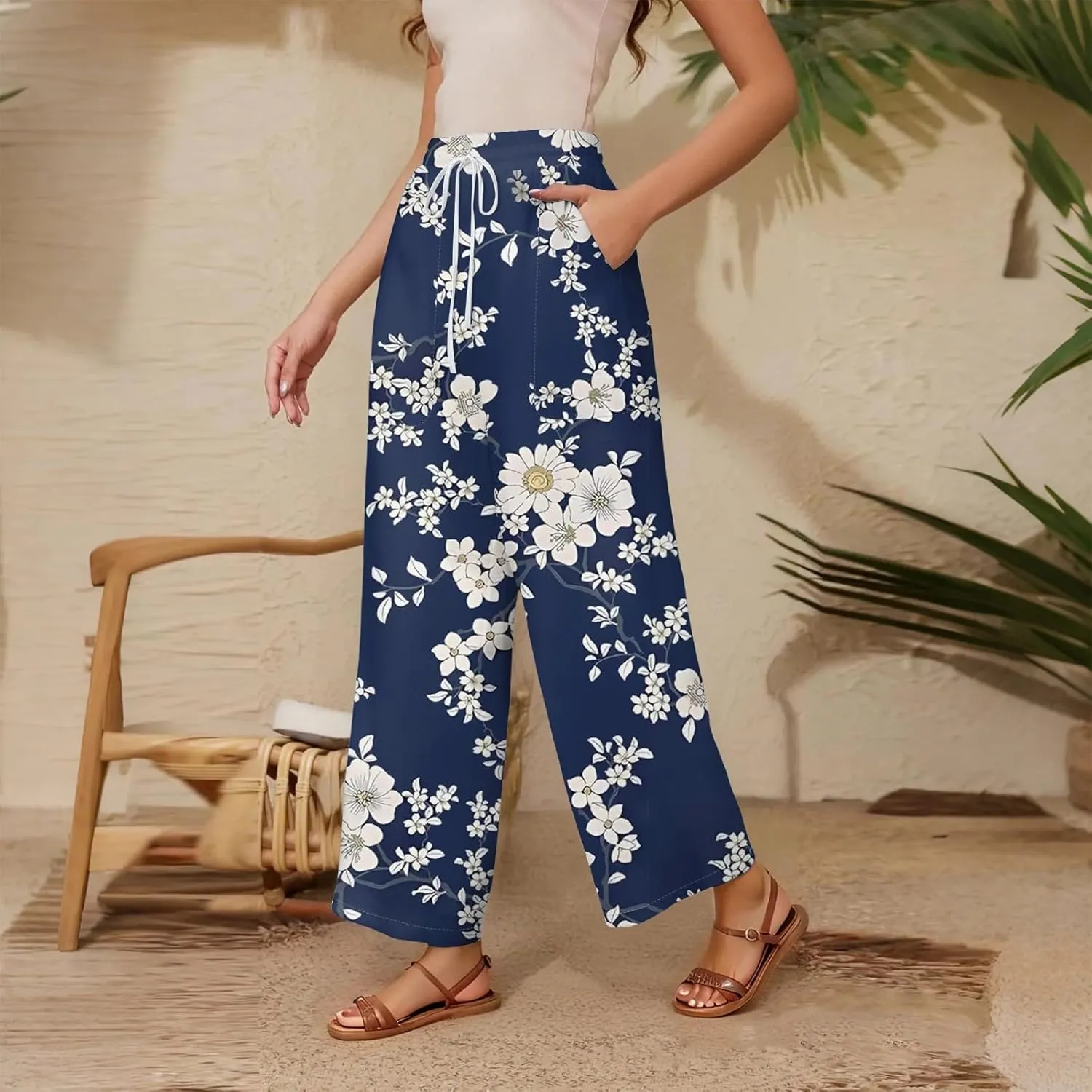 Women Palazzo Pants Summer Floral Print Soft Comfy Flowy High Waist Wide Leg Pants Casual Loose Beach Lounge Trouser