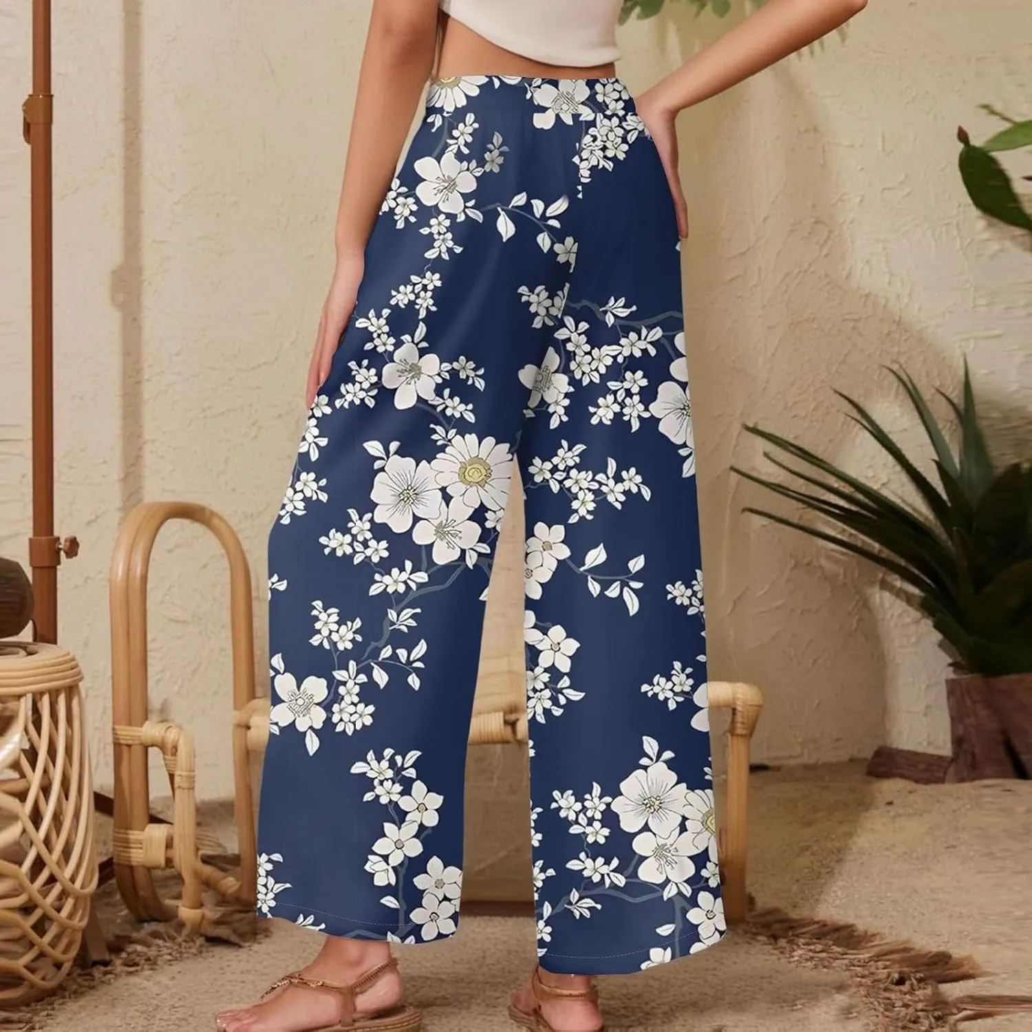 Women Palazzo Pants Summer Floral Print Soft Comfy Flowy High Waist Wide Leg Pants Casual Loose Beach Lounge Trouser