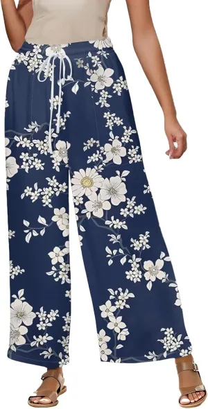 Women Palazzo Pants Summer Floral Print Soft Comfy Flowy High Waist Wide Leg Pants Casual Loose Beach Lounge Trouser