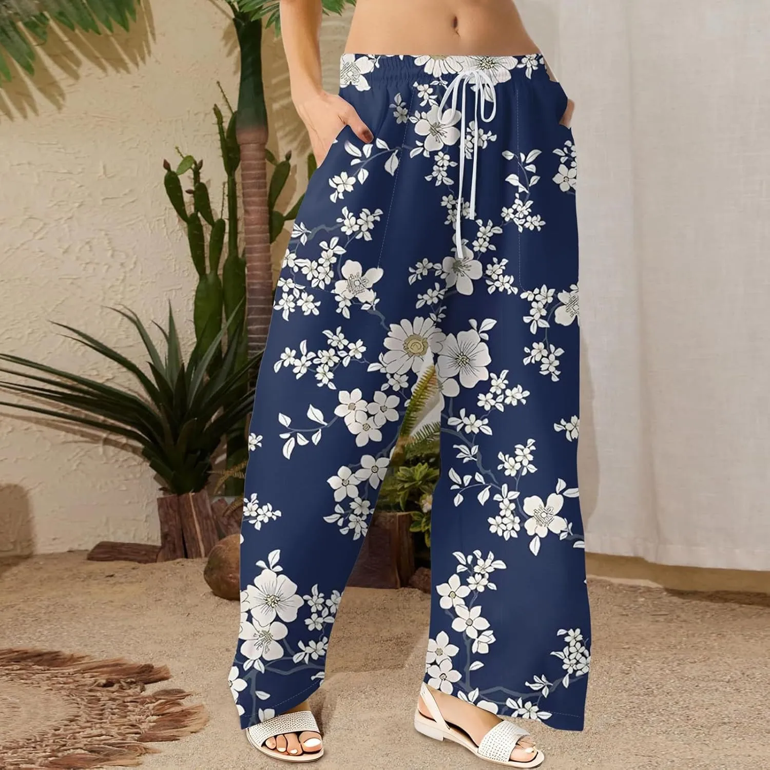 Women Palazzo Pants Summer Floral Print Soft Comfy Flowy High Waist Wide Leg Pants Casual Loose Beach Lounge Trouser