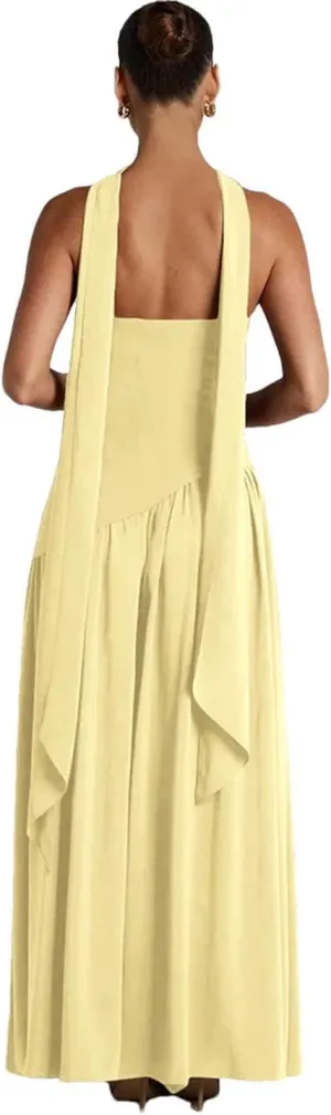 Women Patchwork Draped Solid Wrapped Chest Draped Flare Long Robe High Street Dress