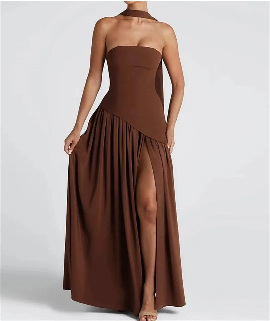 Women Patchwork Draped Solid Wrapped Chest Draped Flare Long Robe High Street Dress