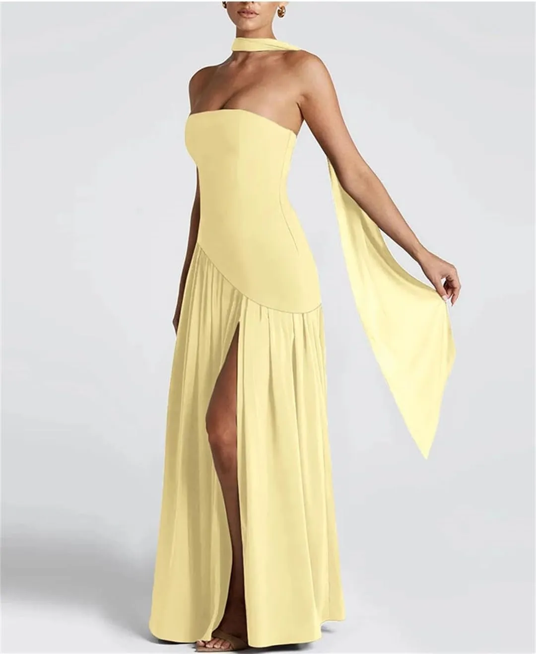 Women Patchwork Draped Solid Wrapped Chest Draped Flare Long Robe High Street Dress