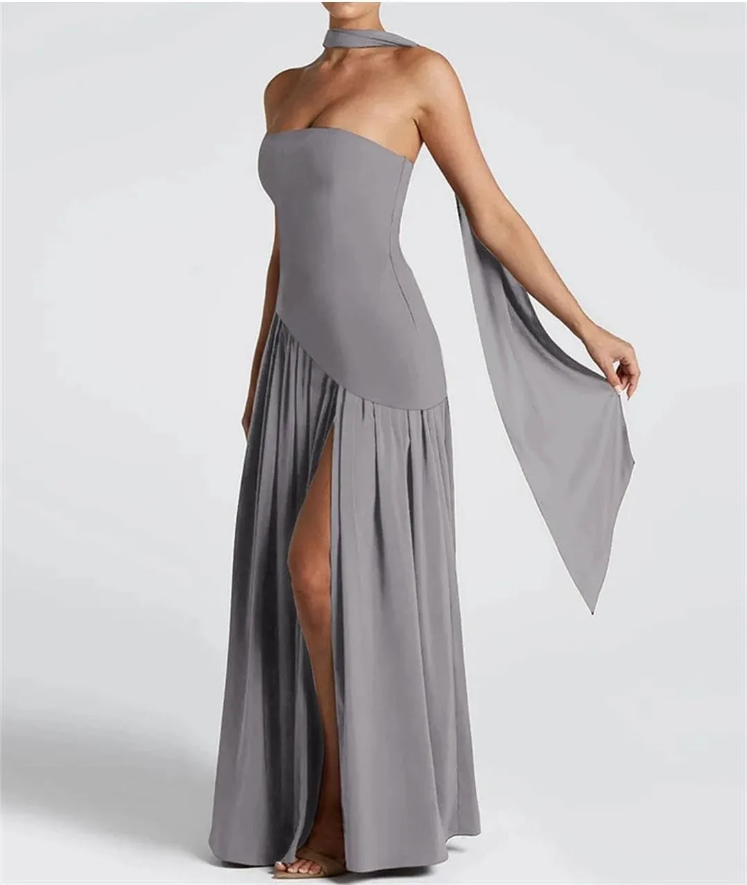 Women Patchwork Draped Solid Wrapped Chest Draped Flare Long Robe High Street Dress