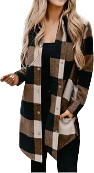 Women Plaid Trench Coats Long Sleeve Flannel Shirts Jackets Button Down Shackets Casual Trendy Fall Winter Outfits