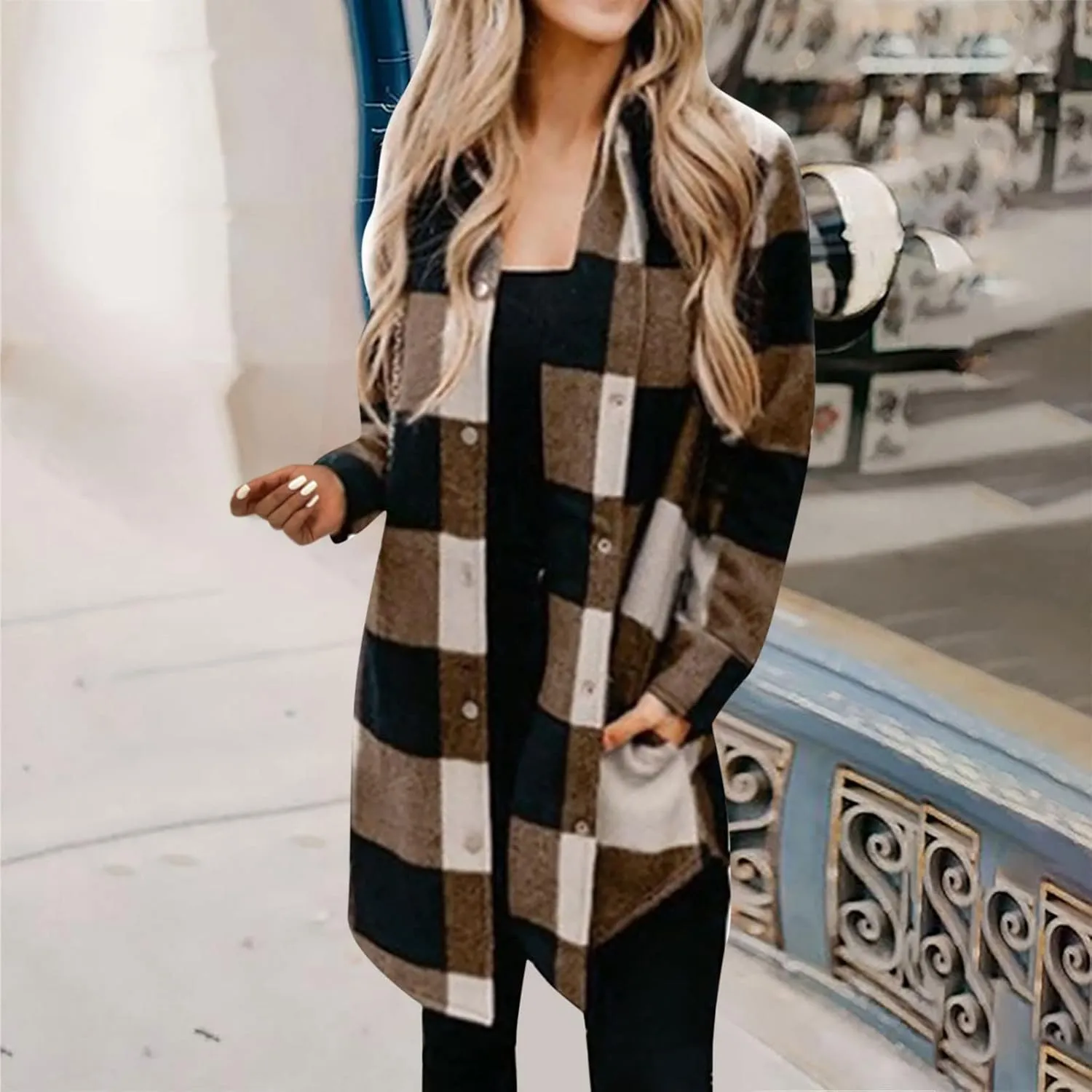 Women Plaid Trench Coats Long Sleeve Flannel Shirts Jackets Button Down Shackets Casual Trendy Fall Winter Outfits