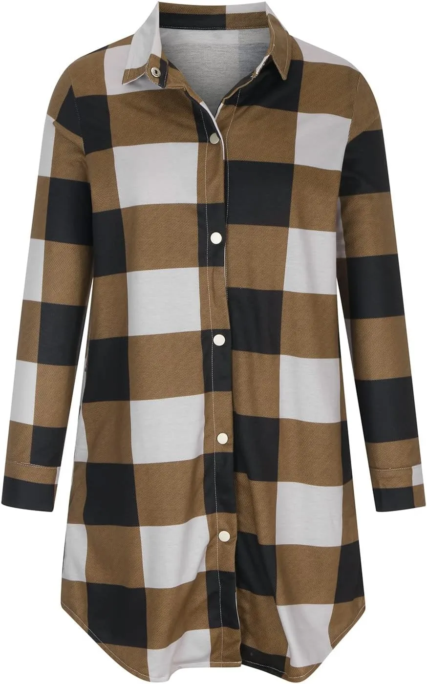 Women Plaid Trench Coats Long Sleeve Flannel Shirts Jackets Button Down Shackets Casual Trendy Fall Winter Outfits
