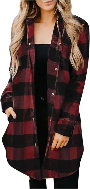 Women Plaid Trench Coats Long Sleeve Flannel Shirts Jackets Button Down Shackets Casual Trendy Fall Winter Outfits