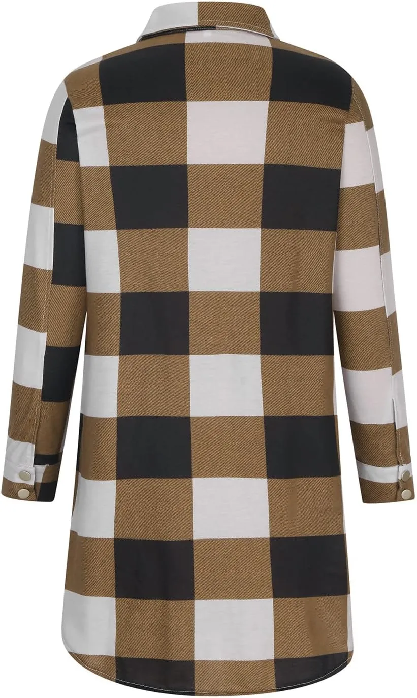 Women Plaid Trench Coats Long Sleeve Flannel Shirts Jackets Button Down Shackets Casual Trendy Fall Winter Outfits