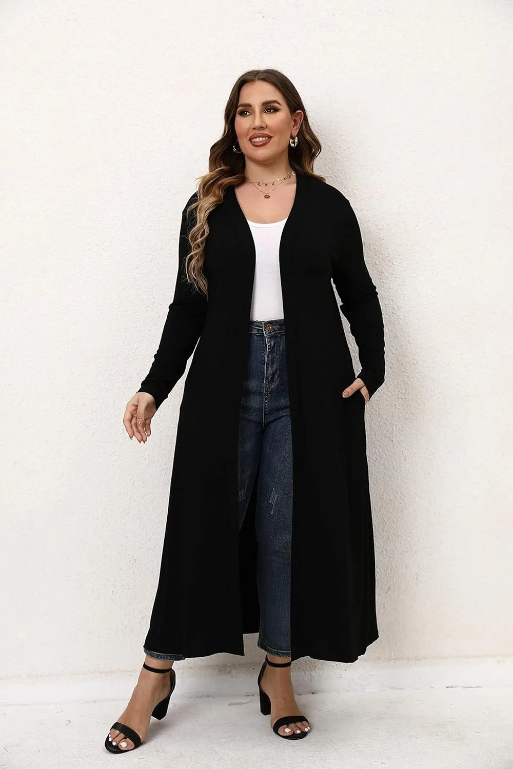 Women Plus Size Floor Length Open Front Drape Cardigan Lightweight Long Sleeve Maxi Duster with Pockets 1X-5X
