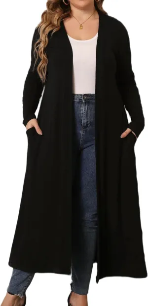 Women Plus Size Floor Length Open Front Drape Cardigan Lightweight Long Sleeve Maxi Duster with Pockets 1X-5X
