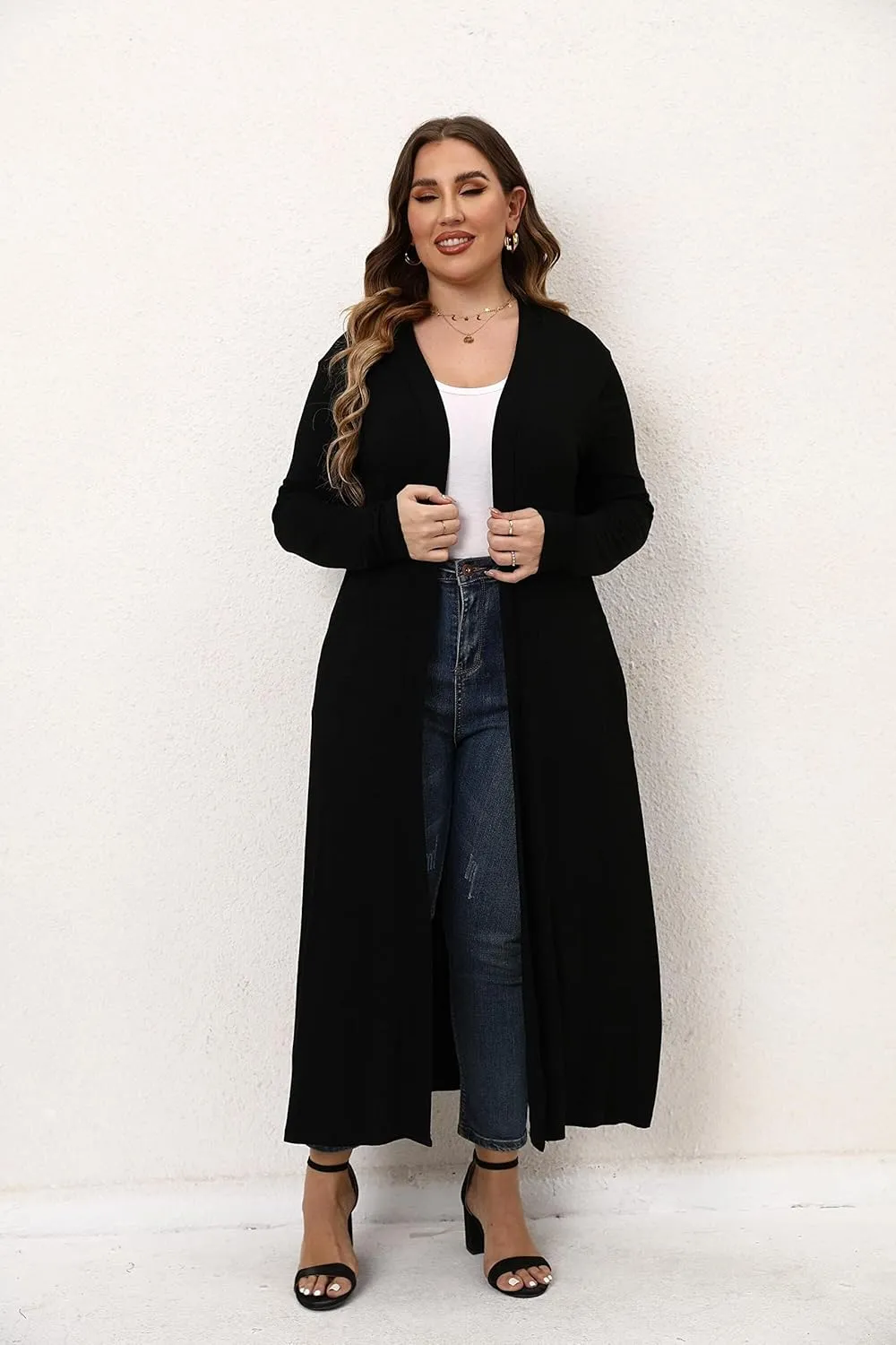 Women Plus Size Floor Length Open Front Drape Cardigan Lightweight Long Sleeve Maxi Duster with Pockets 1X-5X