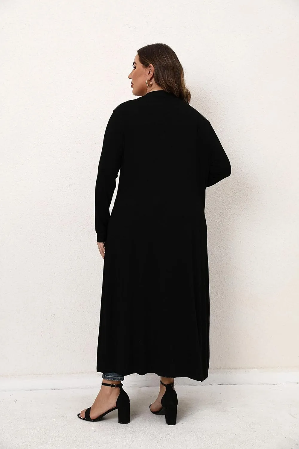 Women Plus Size Floor Length Open Front Drape Cardigan Lightweight Long Sleeve Maxi Duster with Pockets 1X-5X