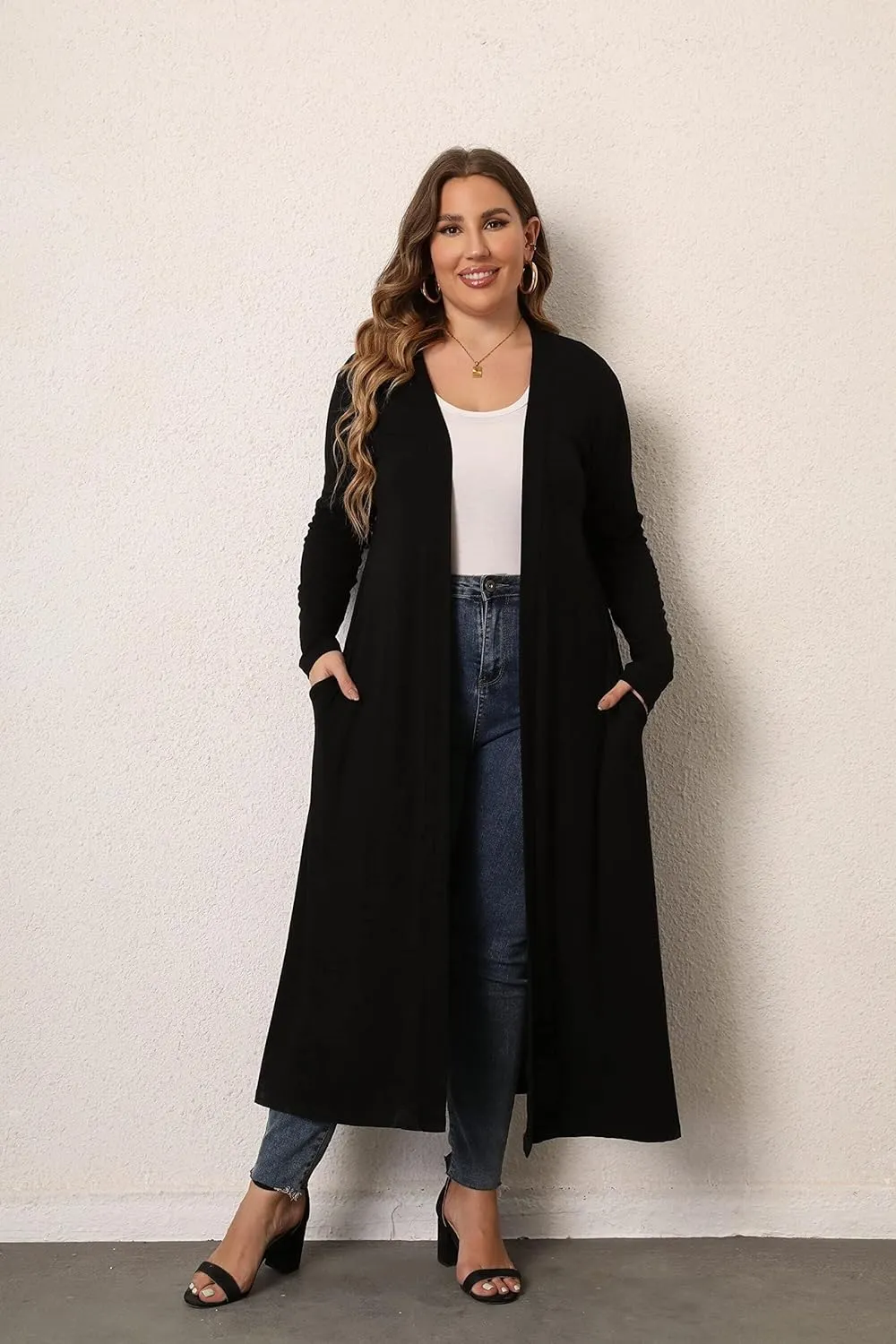 Women Plus Size Floor Length Open Front Drape Cardigan Lightweight Long Sleeve Maxi Duster with Pockets 1X-5X