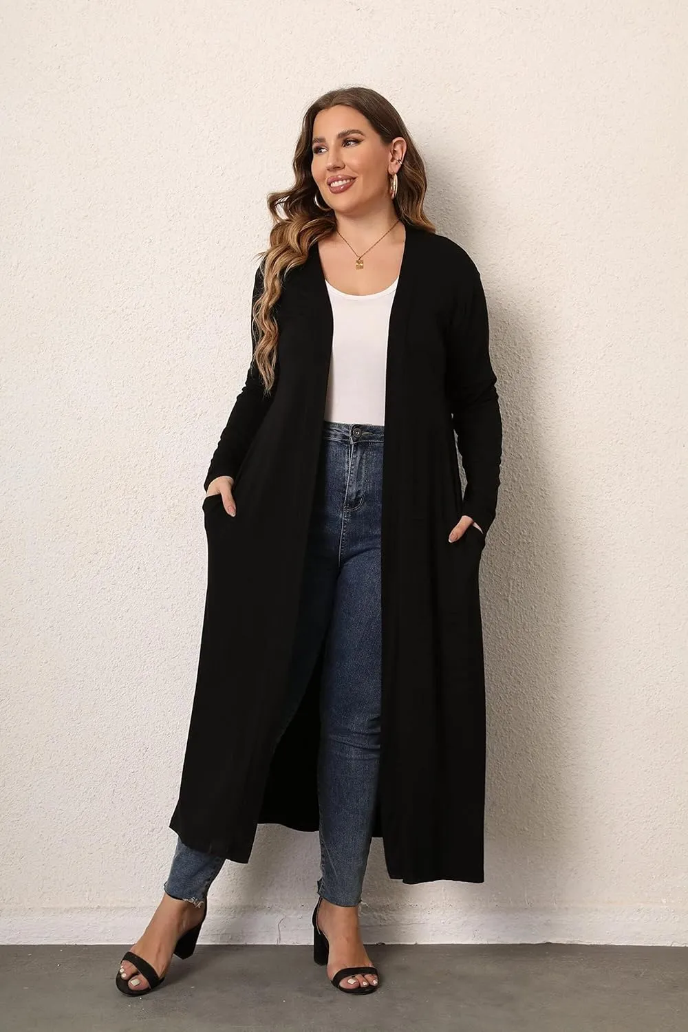 Women Plus Size Floor Length Open Front Drape Cardigan Lightweight Long Sleeve Maxi Duster with Pockets 1X-5X