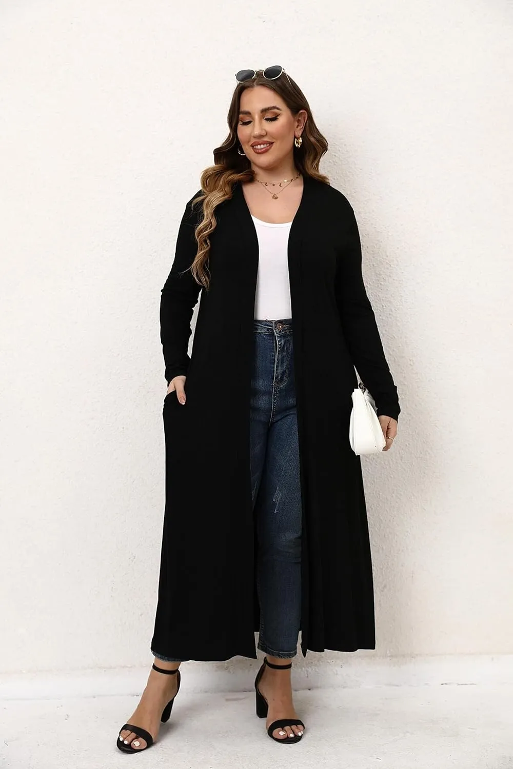 Women Plus Size Floor Length Open Front Drape Cardigan Lightweight Long Sleeve Maxi Duster with Pockets 1X-5X