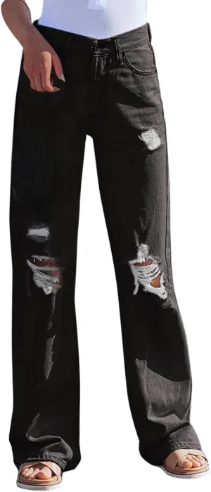 Women Plus Size High Rise Ripped Flared Jeans 2023 Destroyed Hole y2k Streetwear Denim Pants Trousers with Hole