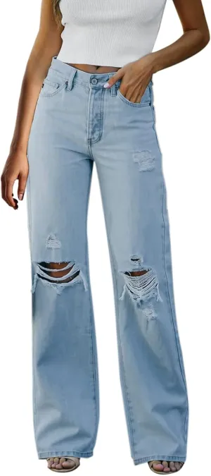 Women Plus Size High Rise Ripped Flared Jeans 2023 Destroyed Hole y2k Streetwear Denim Pants Trousers with Hole