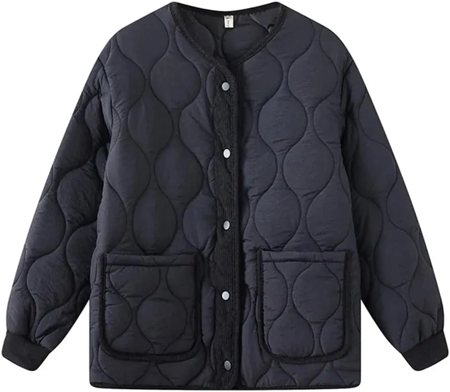 Women Quilted Jacket Parkas Cotton Padded Coat Spliced Collision Loose Overcoat V-Neck Winter Coat Outerwears